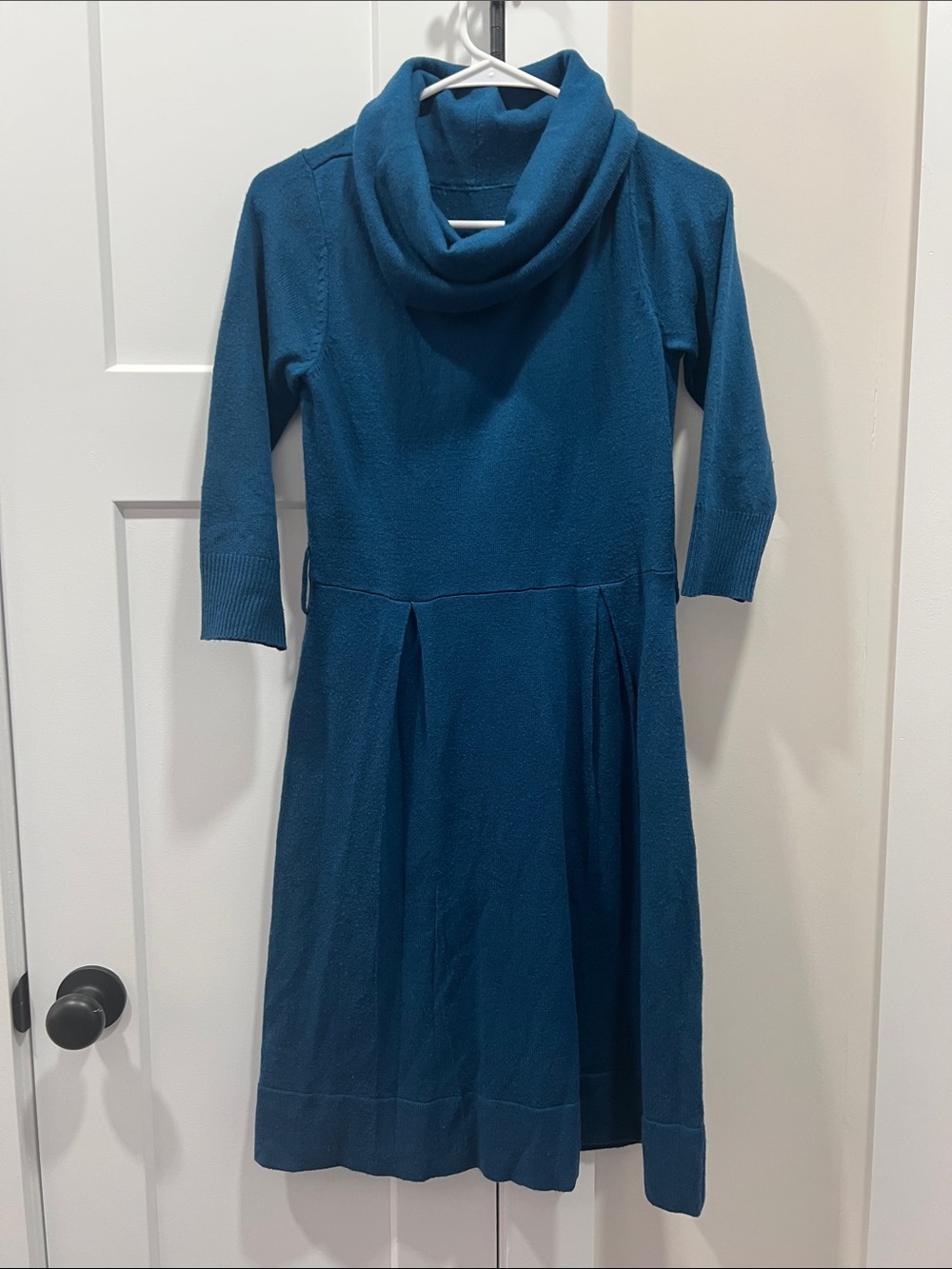 Small Women’s Teal Cowl Neck Classic Knit Dress